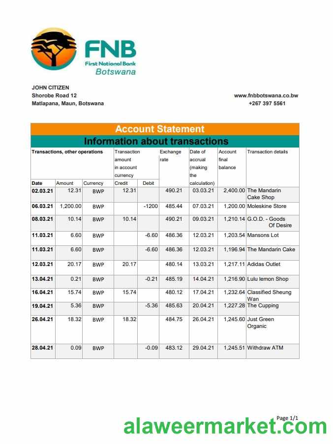 Botswana FNB of Botswana bank statement template in .xls and .pdf file format